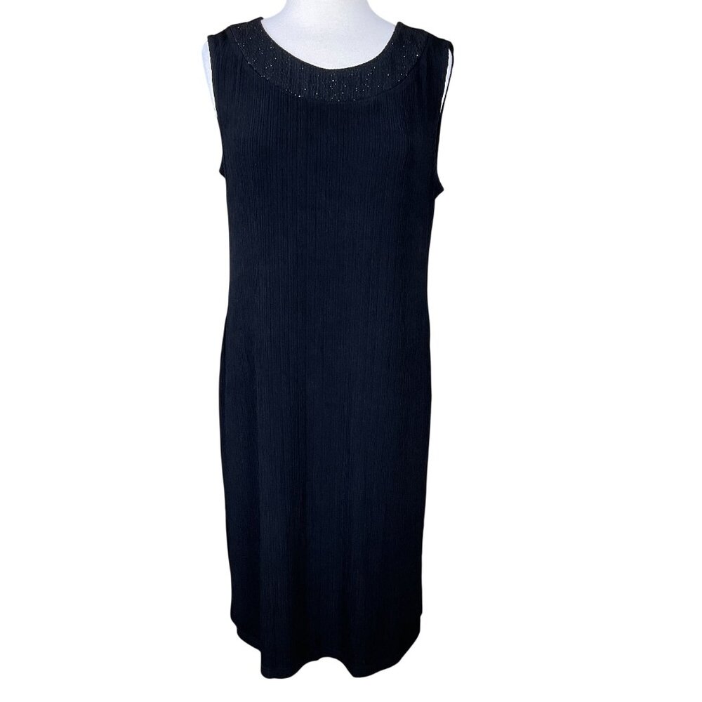 R & M Richards Black Sleeveless Ribbed Knit Embellished Neck VTG Midi Dress 16